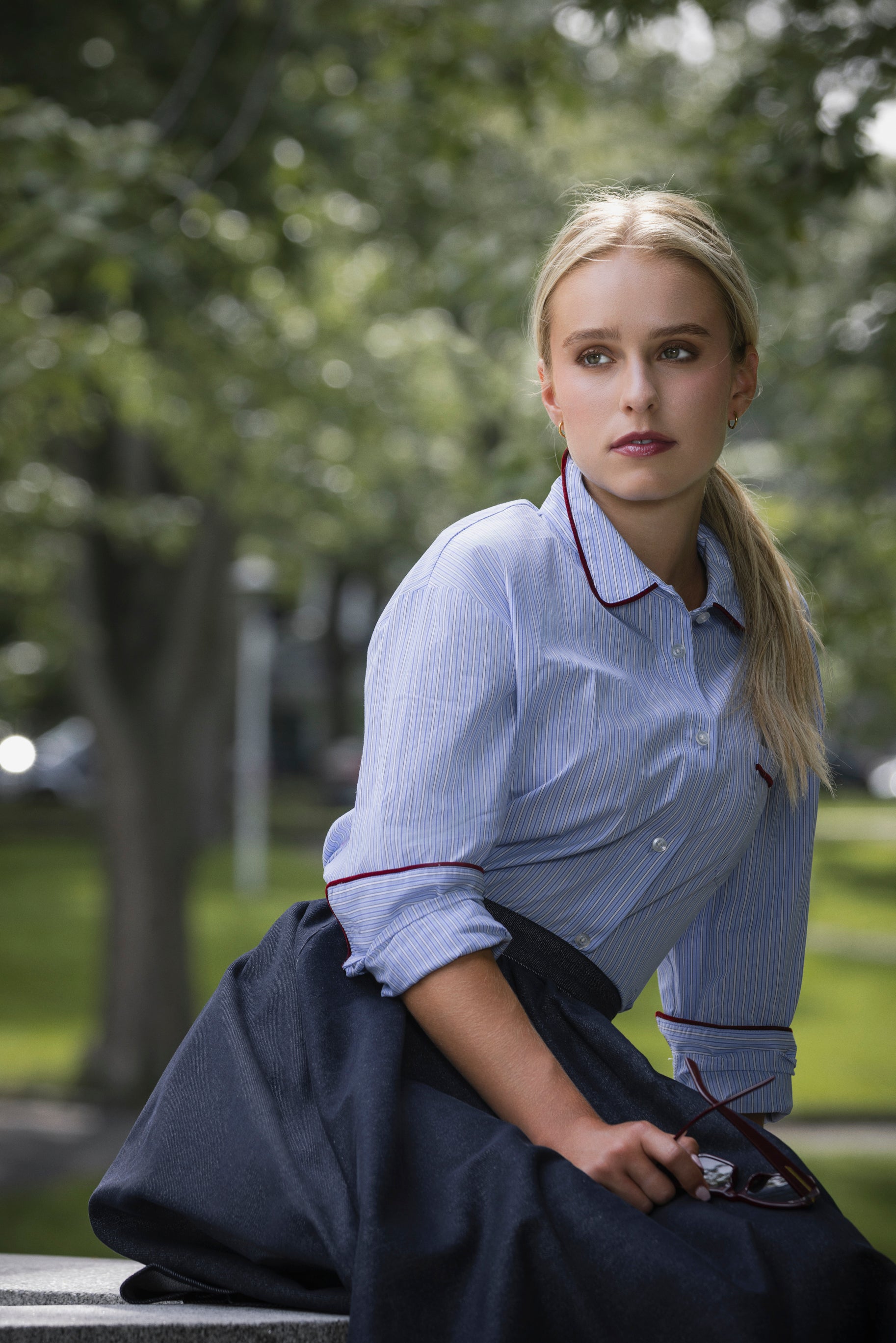 VELVET TRIM PINSTRIPED SHIRT